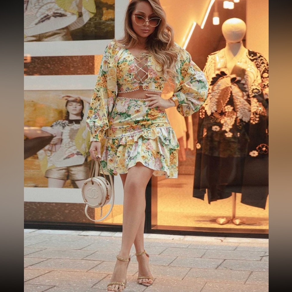 YELLOW FLORAL PRINT TOP & SKIRT SET SZ S